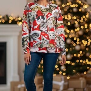Holiday Cats Womens Shirt Size Small Holiday Ugly Christmas Red Animals Kitty‎
